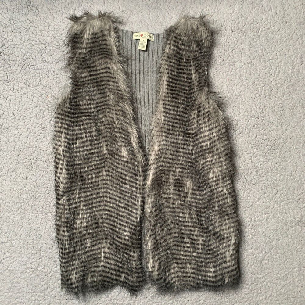 Love Change Italy Faux Fur Open Vest Cable Knit Back Gray Women's Medium Animal